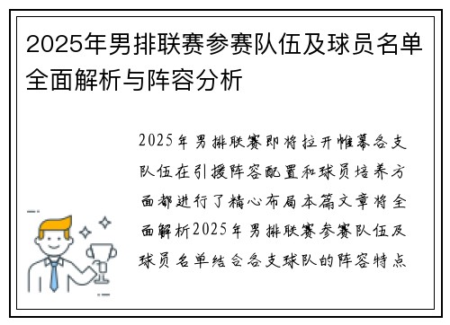 2025年男排联赛参赛队伍及球员名单全面解析与阵容分析