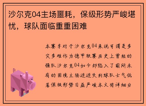 沙尔克04主场噩耗，保级形势严峻堪忧，球队面临重重困难