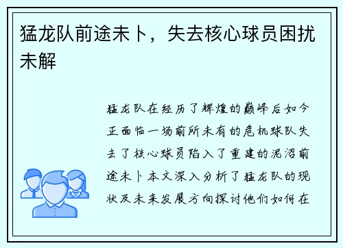 猛龙队前途未卜，失去核心球员困扰未解