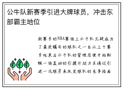 公牛队新赛季引进大牌球员，冲击东部霸主地位