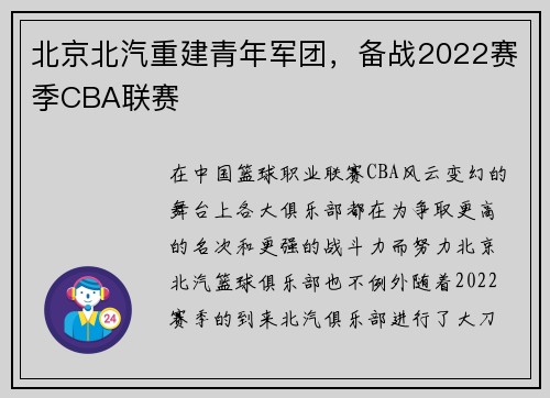 北京北汽重建青年军团，备战2022赛季CBA联赛