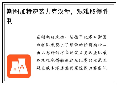 斯图加特逆袭力克汉堡，艰难取得胜利