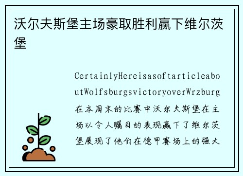 沃尔夫斯堡主场豪取胜利赢下维尔茨堡