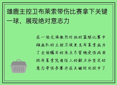 雄鹿主控卫布莱索带伤比赛拿下关键一球，展现绝对意志力